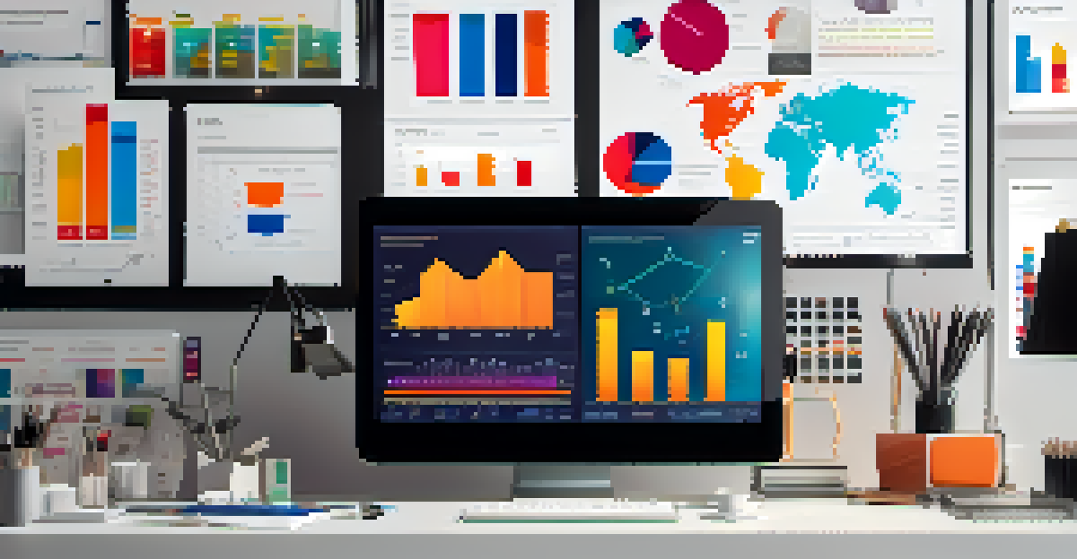 A computer screen showing a vibrant data analytics dashboard with graphs and charts analyzing fashion trends, set in a stylish workspace.