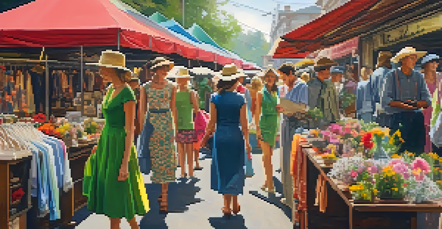 A vibrant vintage market with stalls full of second-hand clothing and accessories, bustling with shoppers and surrounded by greenery.