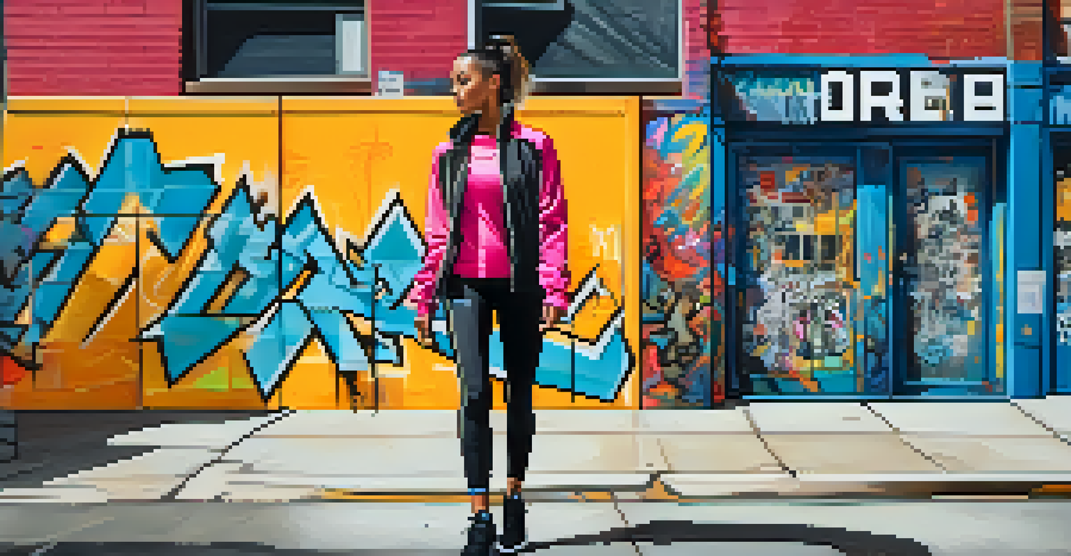 A model wearing trendy athleisure clothing walking confidently in an urban setting with graffiti art in the background.