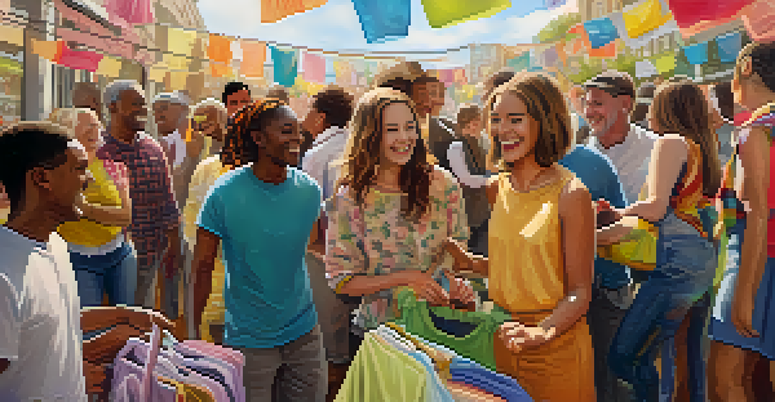 A vibrant community gathering for a clothing swap event, showcasing people exchanging clothes with joy and creativity.
