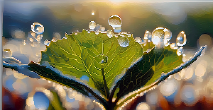 A close-up of a cotton plant with dew droplets on its leaves, highlighting the textures and sunlight filtering through.