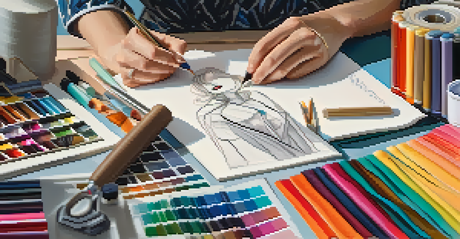 A close-up of hands sketching a fashion design, surrounded by colorful fabric swatches and design tools.