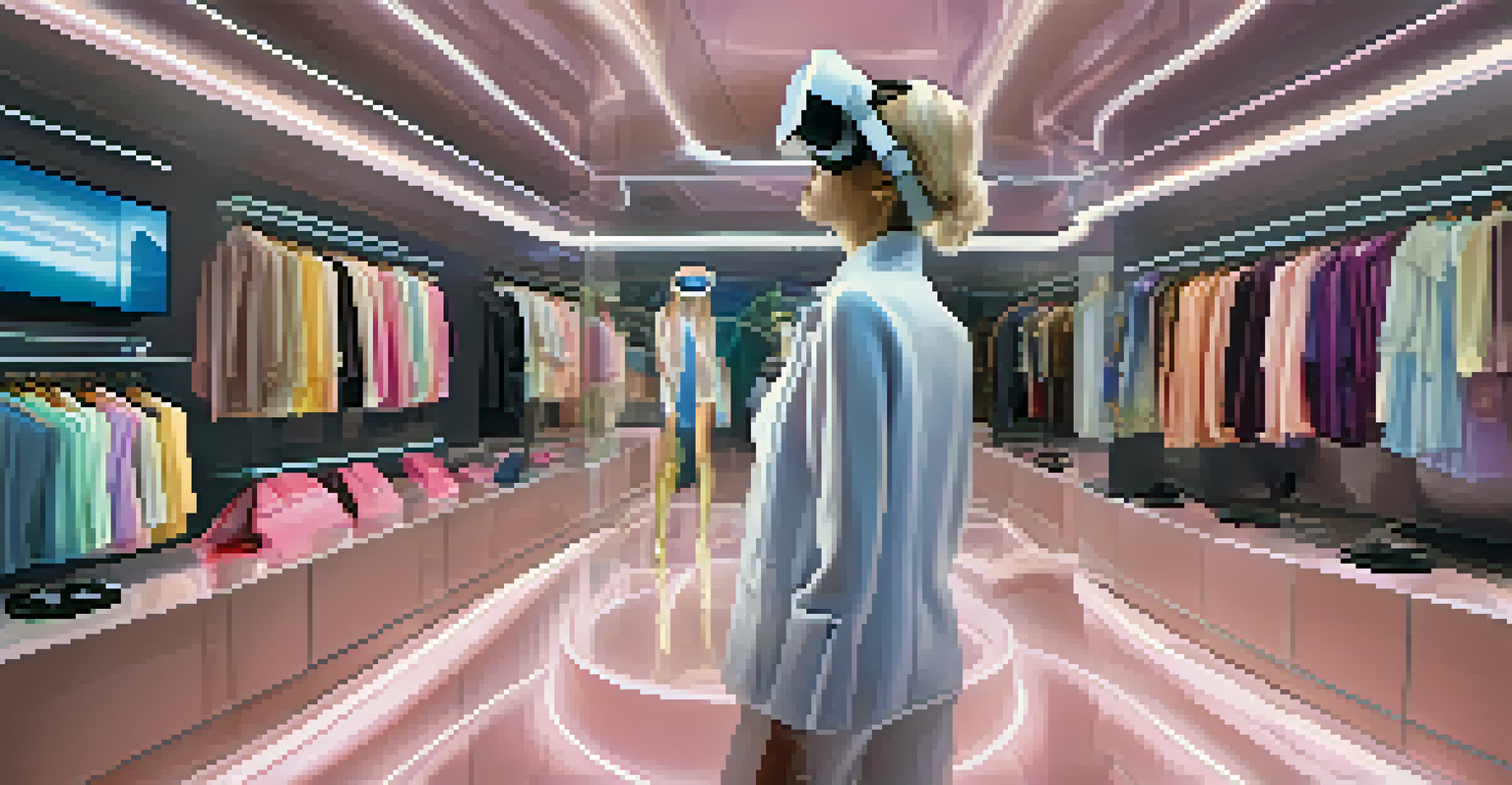 A futuristic virtual reality shopping scene showing a customer trying on outfits in a 3D environment.