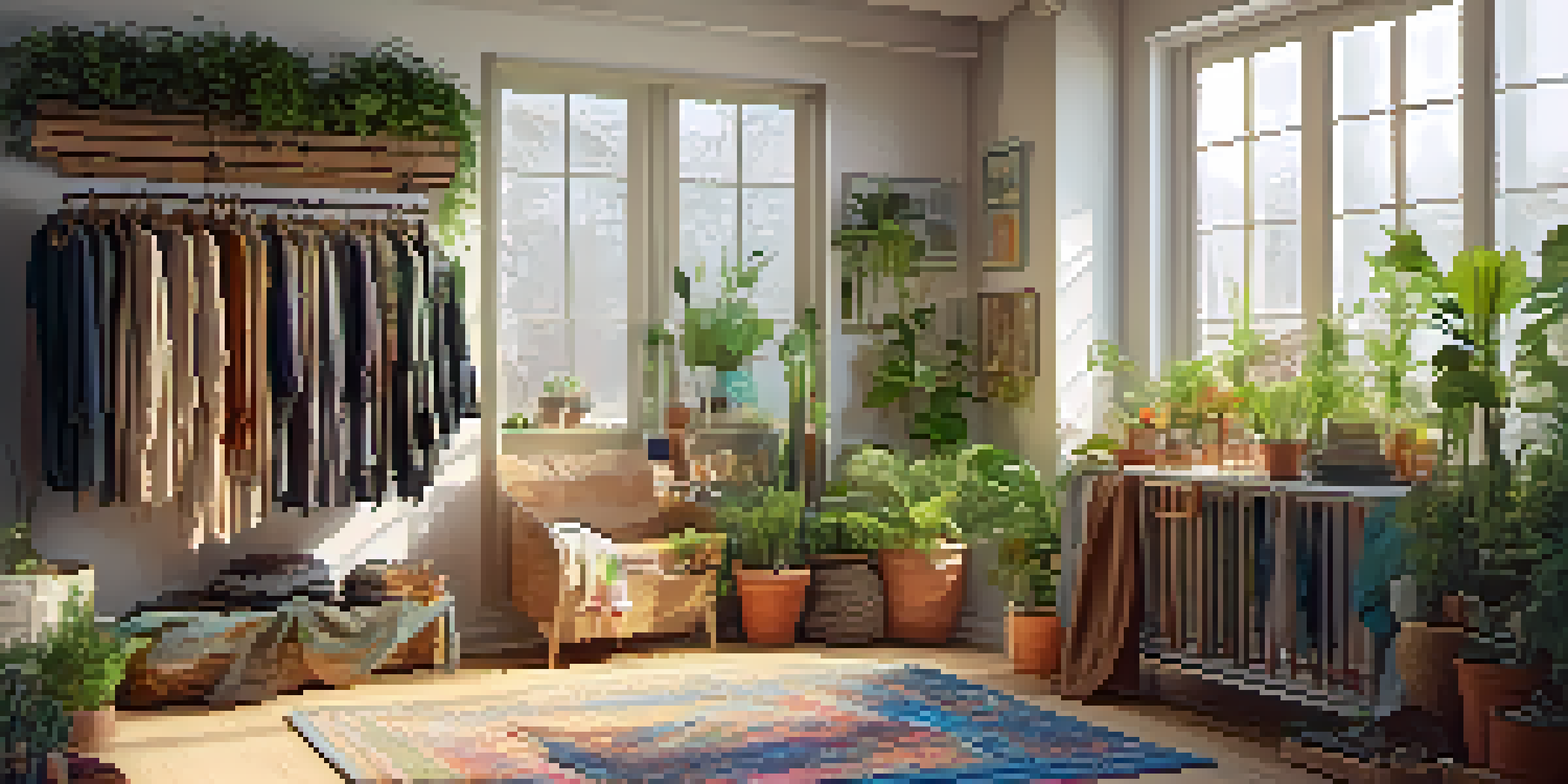 A bright and inviting room with plants and eco-friendly clothing on display, showcasing sustainable fashion.