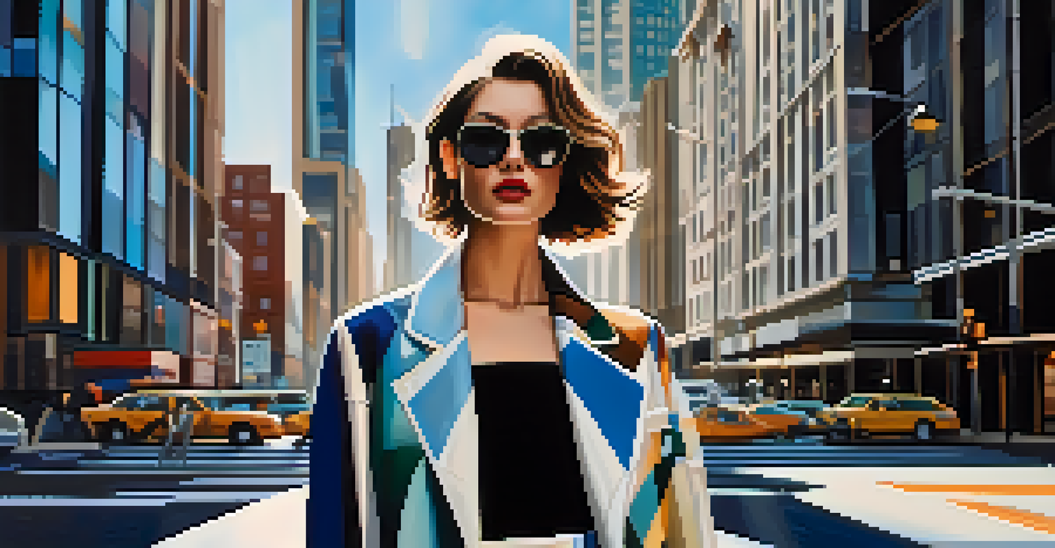 A fashion photograph of a model in a modern outfit posing in an urban environment with skyscrapers.