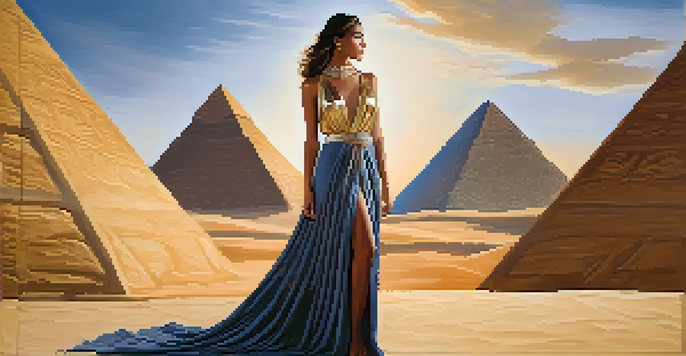A model in a flowing linen gown inspired by Ancient Egypt, with pyramids in the background during sunset.