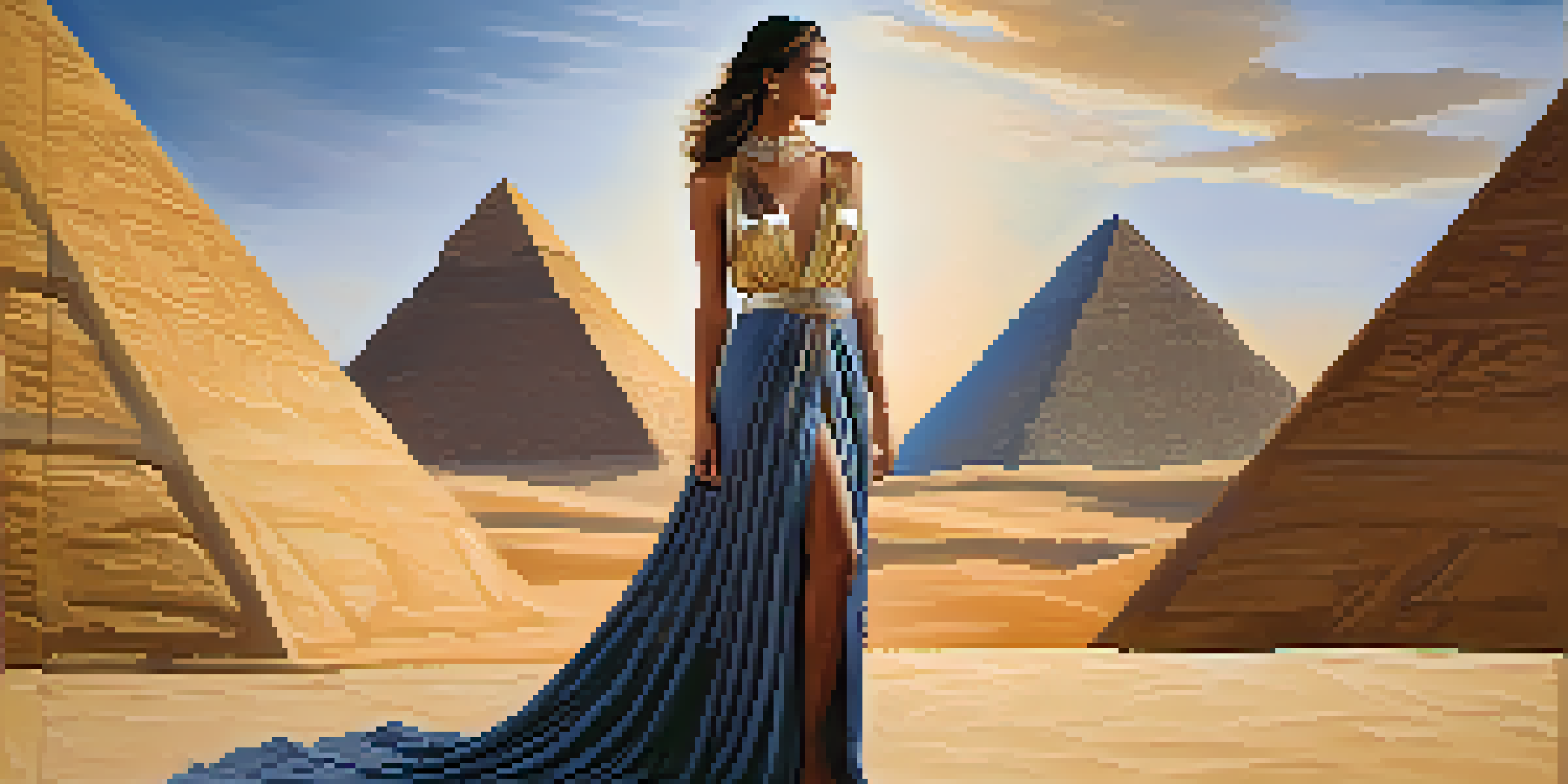 A model in a flowing linen gown inspired by Ancient Egypt, with pyramids in the background during sunset.