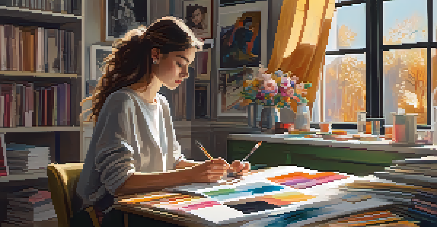 An artistic image of a fashion designer sketching in a cozy studio filled with mood boards and fabric swatches.