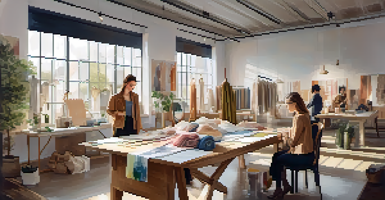 A designer and a consumer collaborating in a workshop filled with eco-friendly fabrics and sketches.