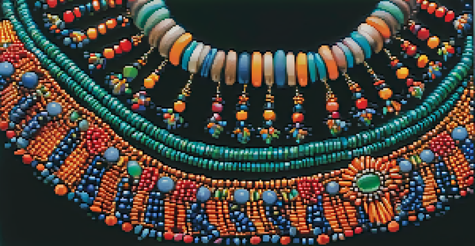 A close-up of a colorful beaded necklace displayed on a black dress, highlighting the intricate details and textures of the jewelry.