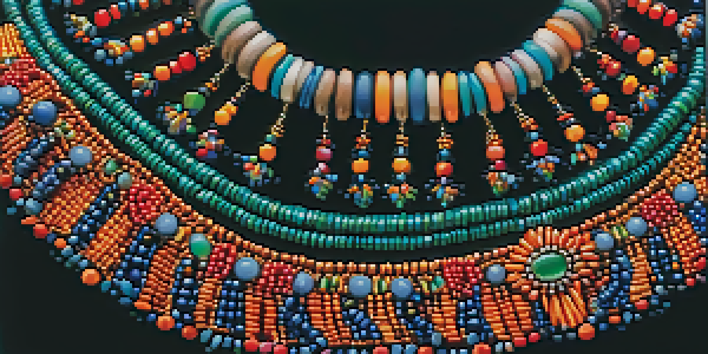 A close-up of a colorful beaded necklace displayed on a black dress, highlighting the intricate details and textures of the jewelry.