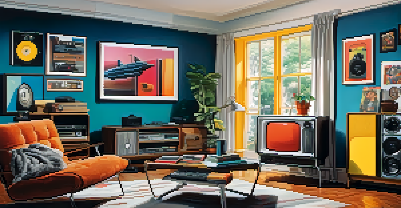 A retro living room from the 1980s featuring vintage gadgets, colorful furniture, and posters of movies and music artists.