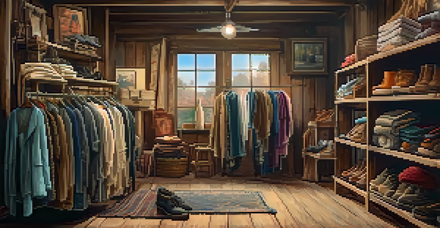 A cozy thrift store display featuring second-hand clothing on vintage racks, with warm lighting and rustic decor.