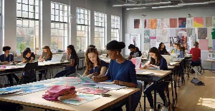 A bright fashion design classroom where students are collaboratively working on their projects, with vibrant fabrics and sketches visible.