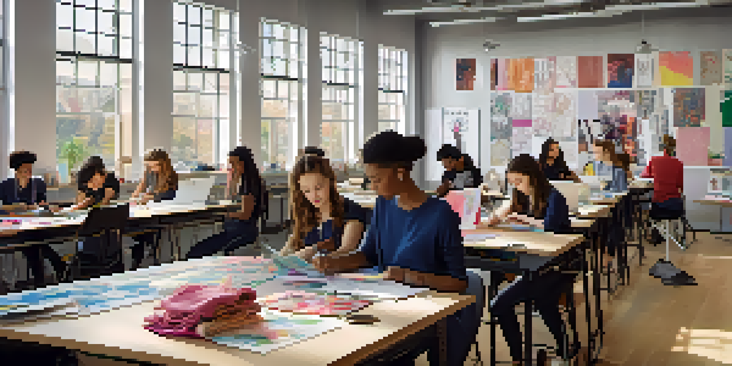 A bright fashion design classroom where students are collaboratively working on their projects, with vibrant fabrics and sketches visible.