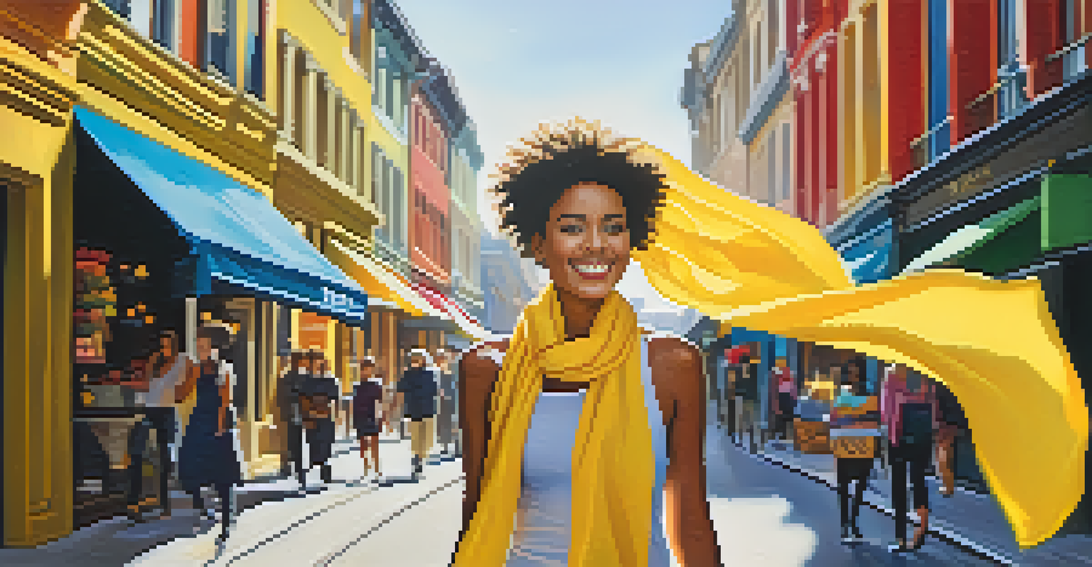 A model wearing a bright yellow scarf smiles while walking down a lively street filled with colorful storefronts, under warm sunlight.
