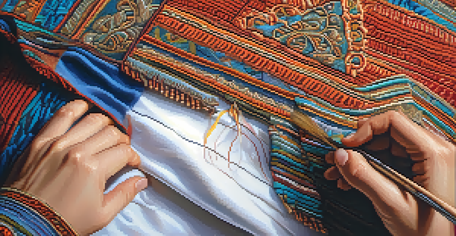 Close-up of hands crafting clothing with intricate traditional patterns, highlighting the artistry and texture of the fabric.