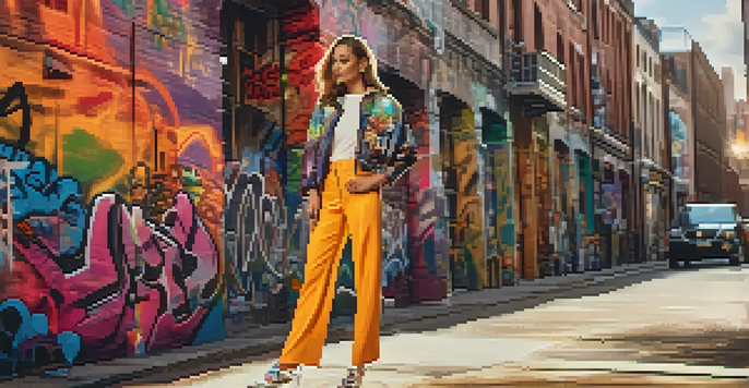 A stylish model in a colorful outfit poses against urban graffiti art, showcasing modern fashion in a lively street setting.