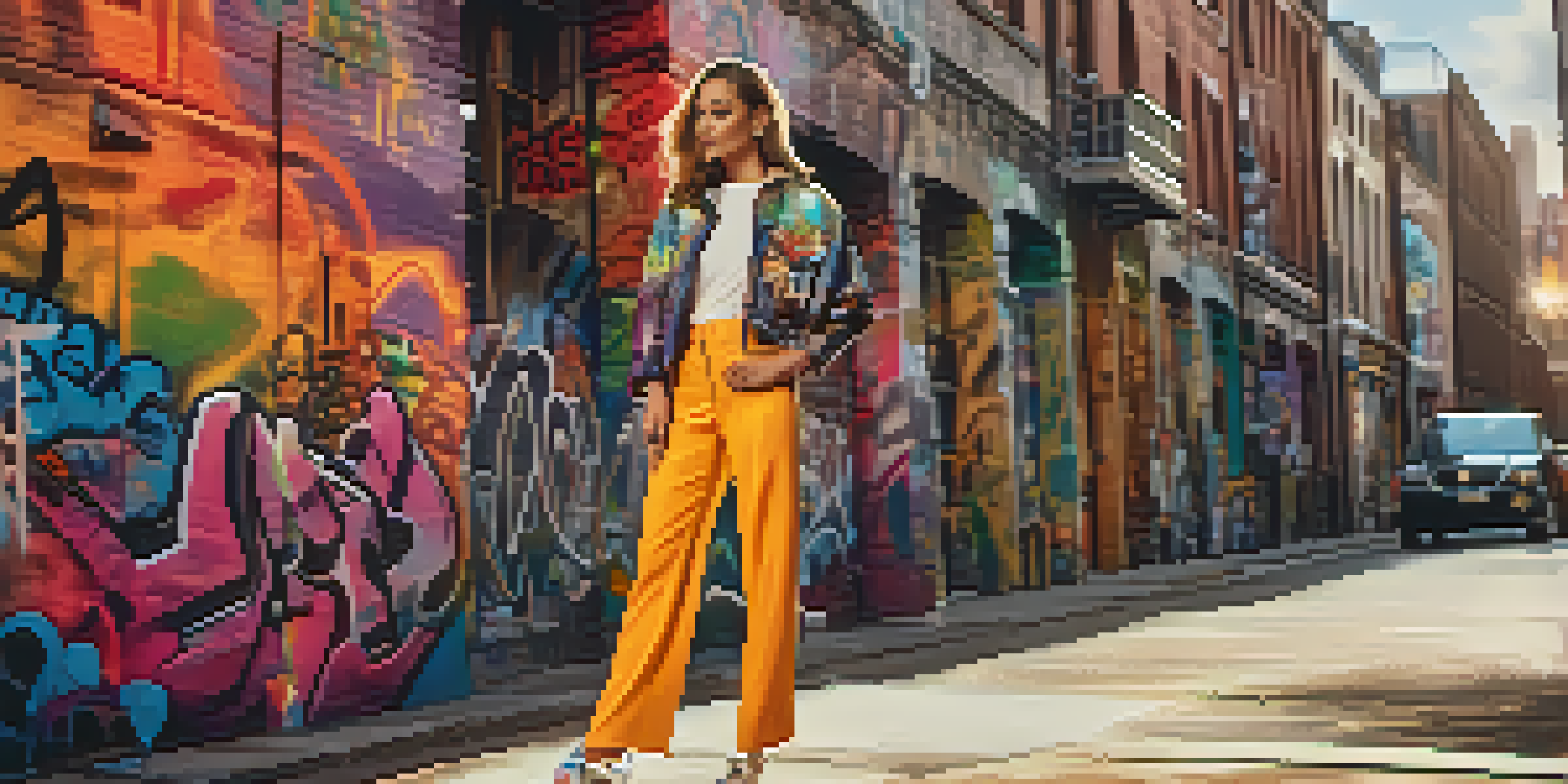 A stylish model in a colorful outfit poses against urban graffiti art, showcasing modern fashion in a lively street setting.