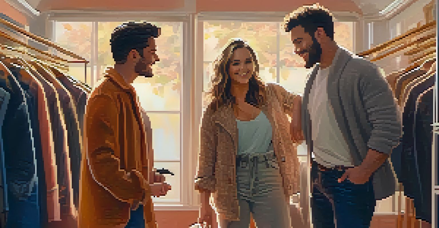 A group of friends of various body shapes enjoying a supportive conversation while trying on outfits in a cozy room.