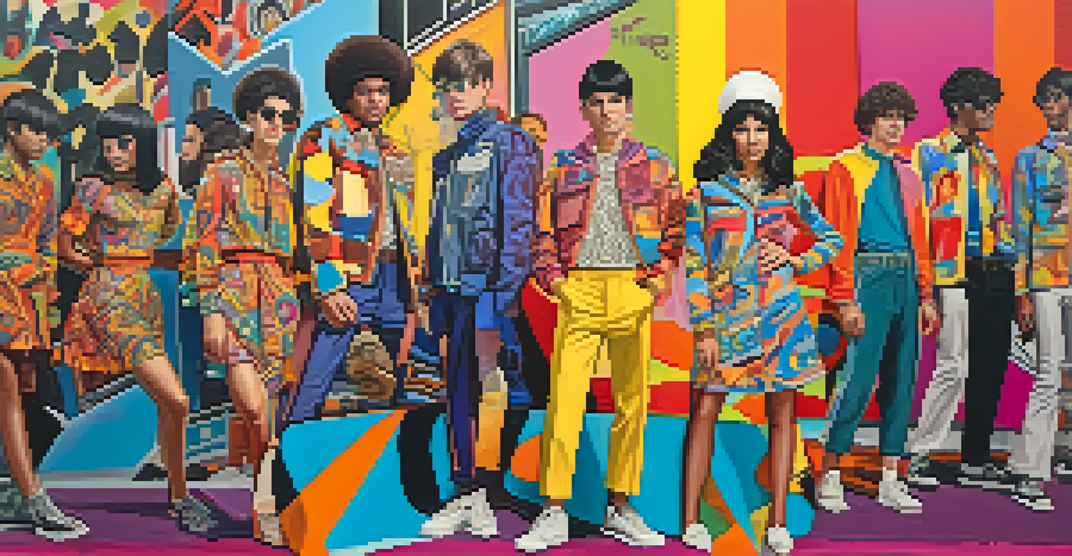 A group of young people wearing colorful and bold 1960s fashion styles stand against a backdrop of psychedelic patterns and graffiti art.