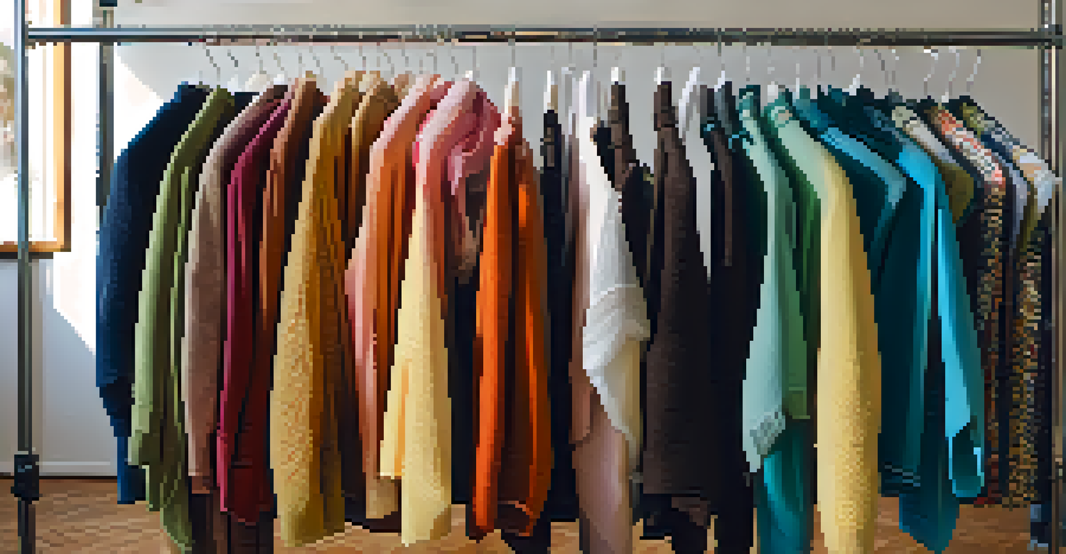 A close-up view of a clothing rack with various gender-neutral garments and accessories, showcasing vibrant colors and intricate textures.