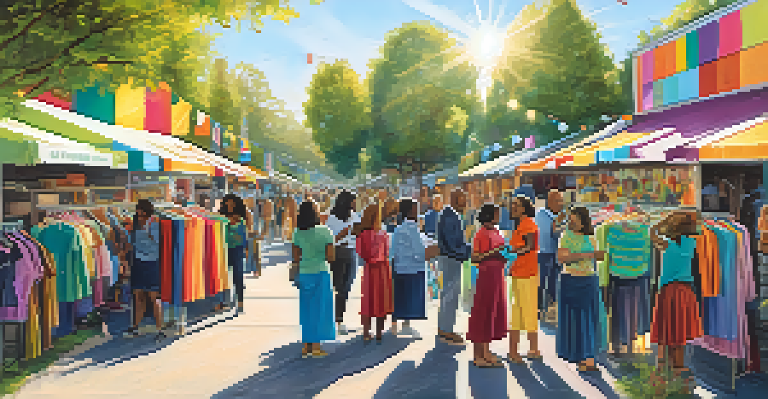 Outdoor community clothing exchange event with diverse individuals browsing second-hand clothes under sunny skies.