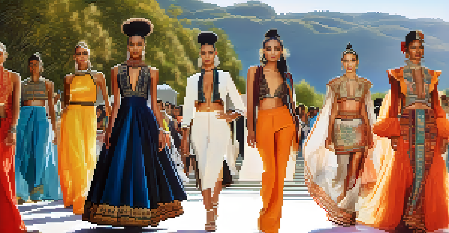 An outdoor fashion show with models of different ethnicities wearing a mix of traditional and modern clothing against a scenic backdrop.