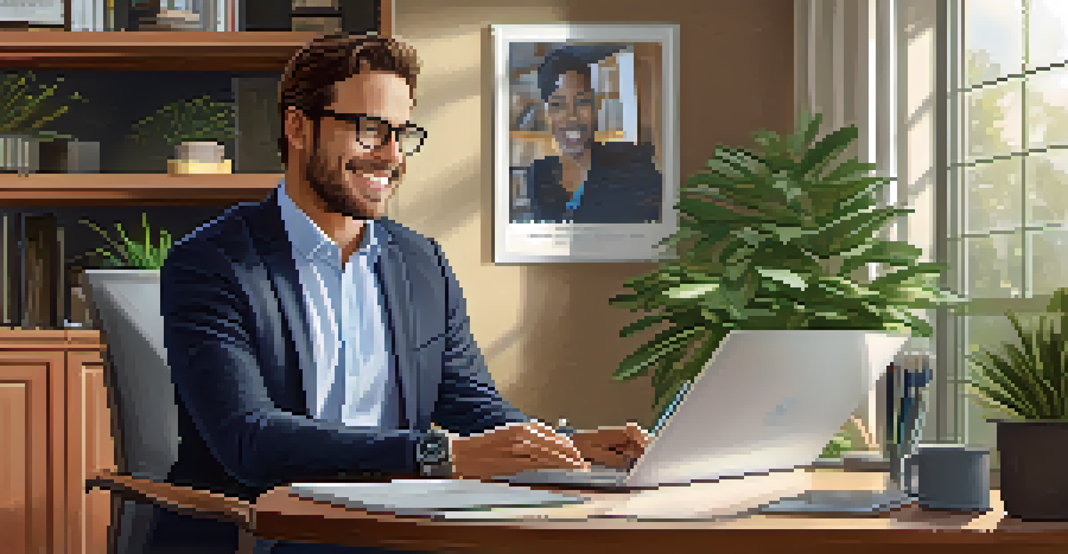 An employee in business casual attire attending a virtual meeting from a cozy home office with plants and a bookshelf.
