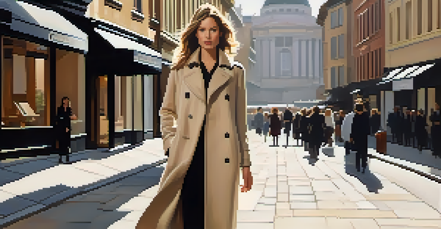 A woman in a beige trench coat over a black dress walks along a cobblestone street with modern architecture, embodying minimalist fashion.
