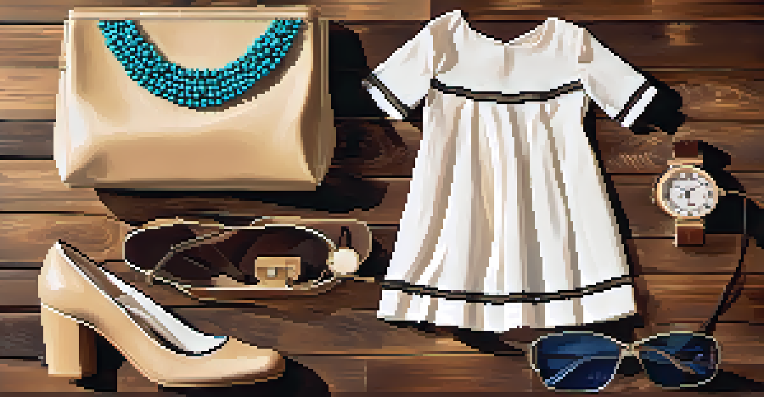 A flat lay arrangement of vintage fashion items, including a flapper dress and platform shoes, on a rustic wooden surface.
