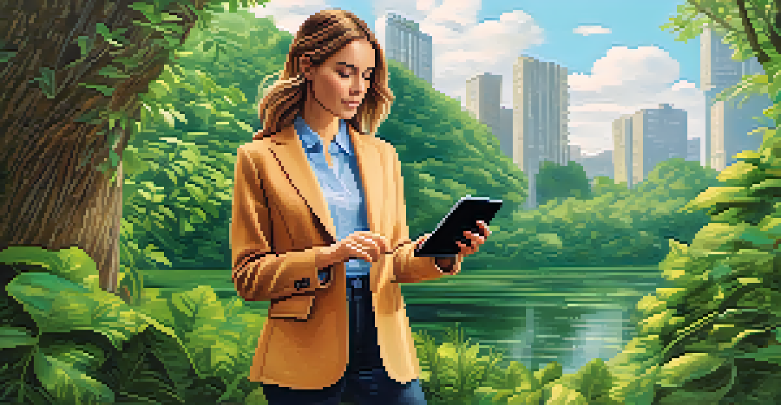 A woman in an eco-friendly smart jacket checking her device outdoors amidst greenery.