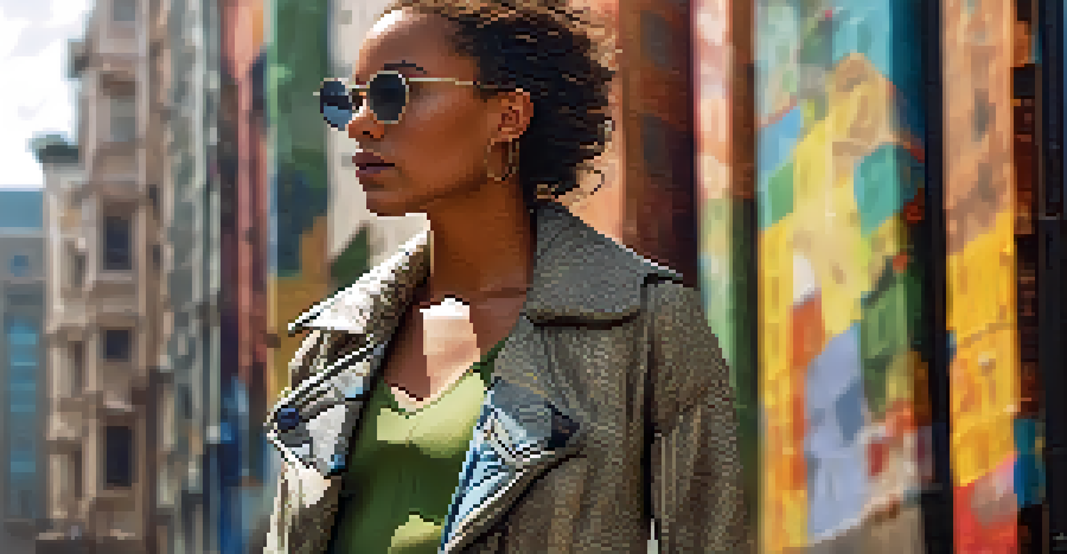 A close-up of a person in a sustainable outfit made from recycled materials, posed against an urban setting, with sunlight emphasizing the fashion.