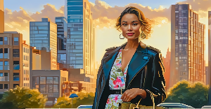 A fashionable woman smiling in a rented dress, with a colorful city background during sunset.