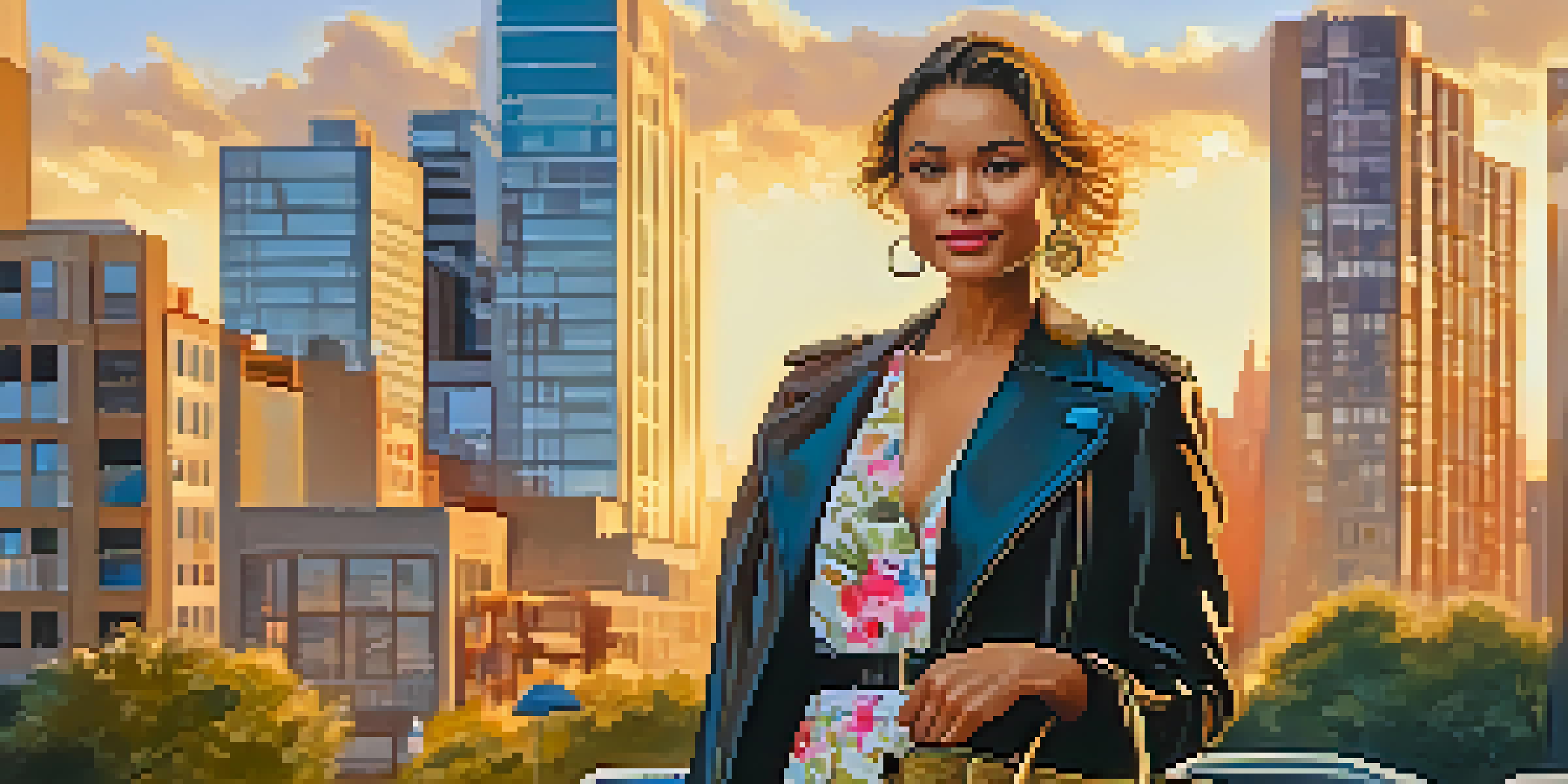 A fashionable woman smiling in a rented dress, with a colorful city background during sunset.