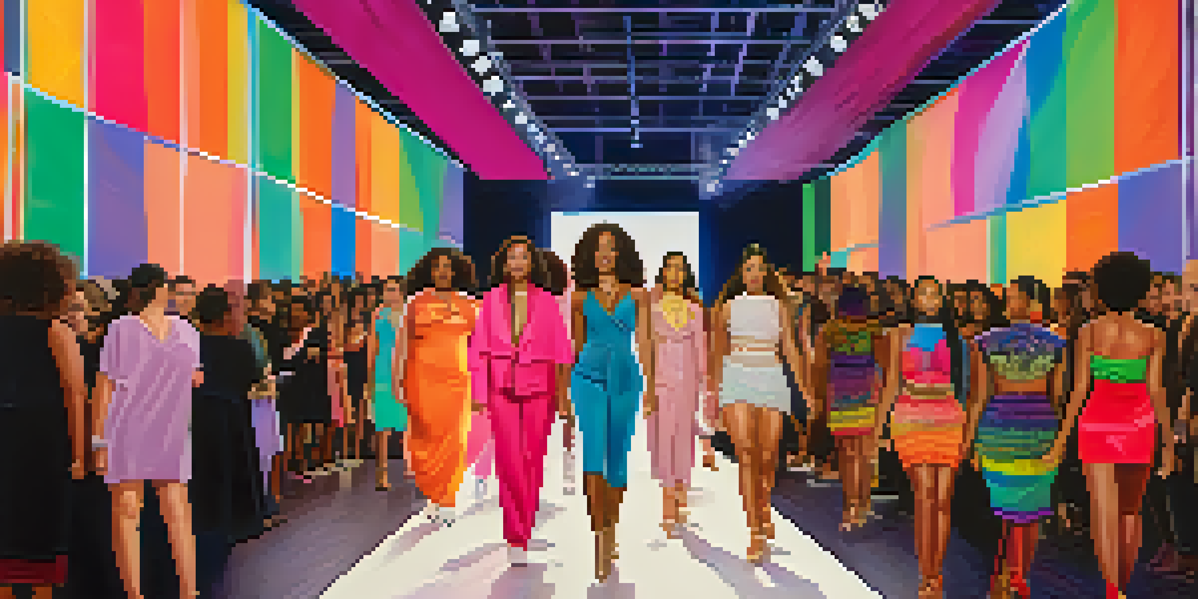A lively fashion runway with diverse models showcasing various body types and ethnicities, under colorful lights and an engaged audience.