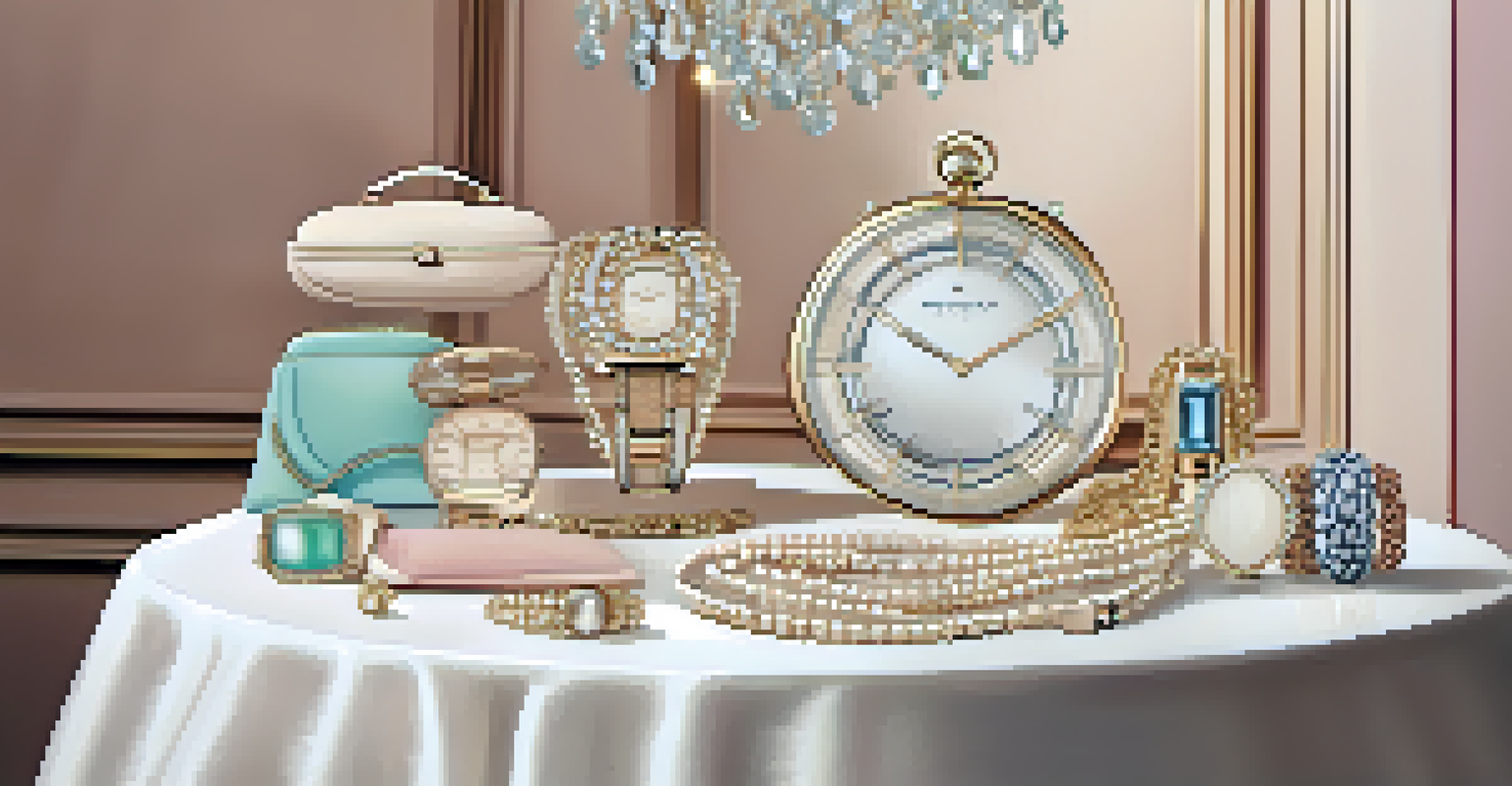 An elegant table displaying various fashion accessories like necklaces, watches, and bags.