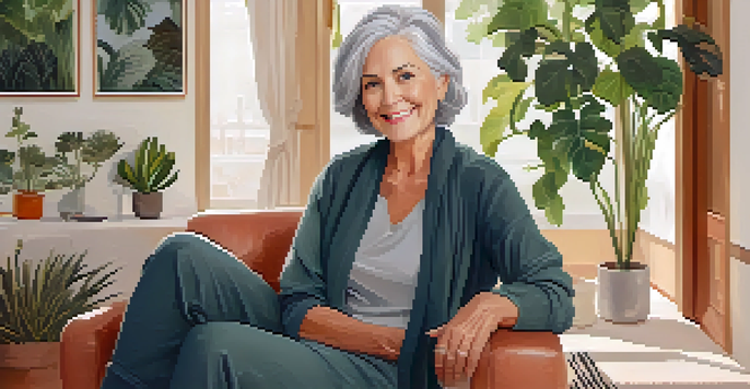 An older woman in a comfortable living room, wearing adaptive clothing with magnetic closures, looking confident and stylish.