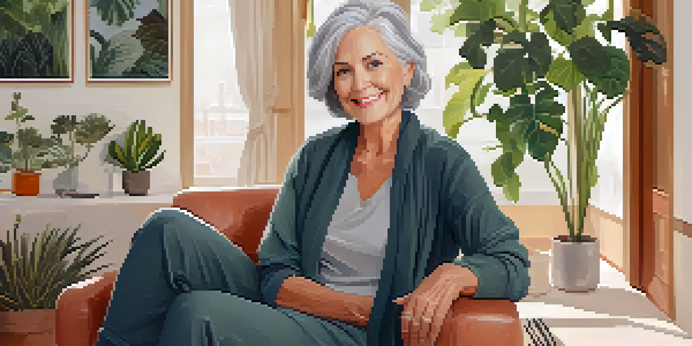 An older woman in a comfortable living room, wearing adaptive clothing with magnetic closures, looking confident and stylish.