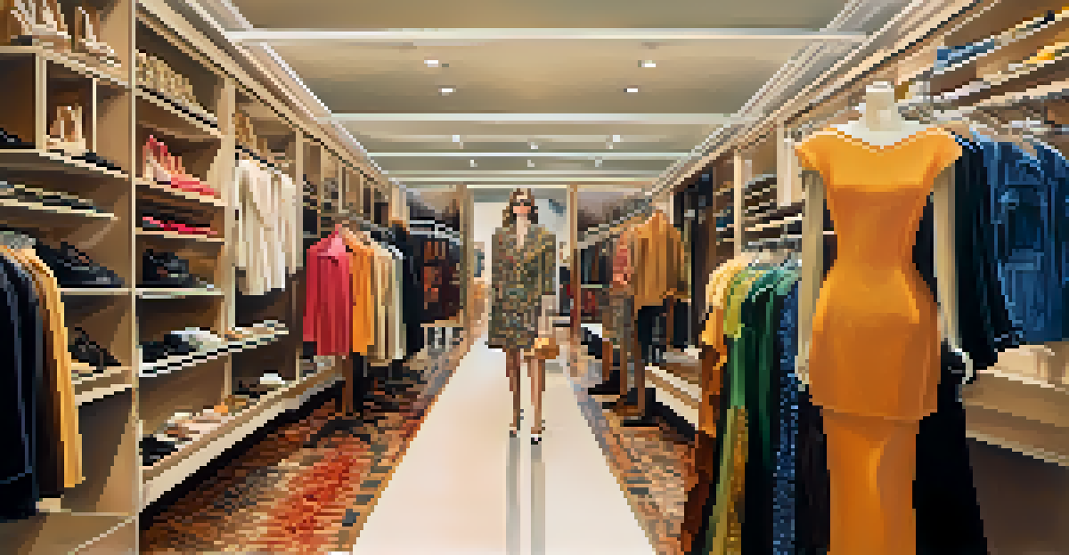A split image showing a luxury fashion store on one side and a thrift shop on the other, illustrating different fashion worlds.