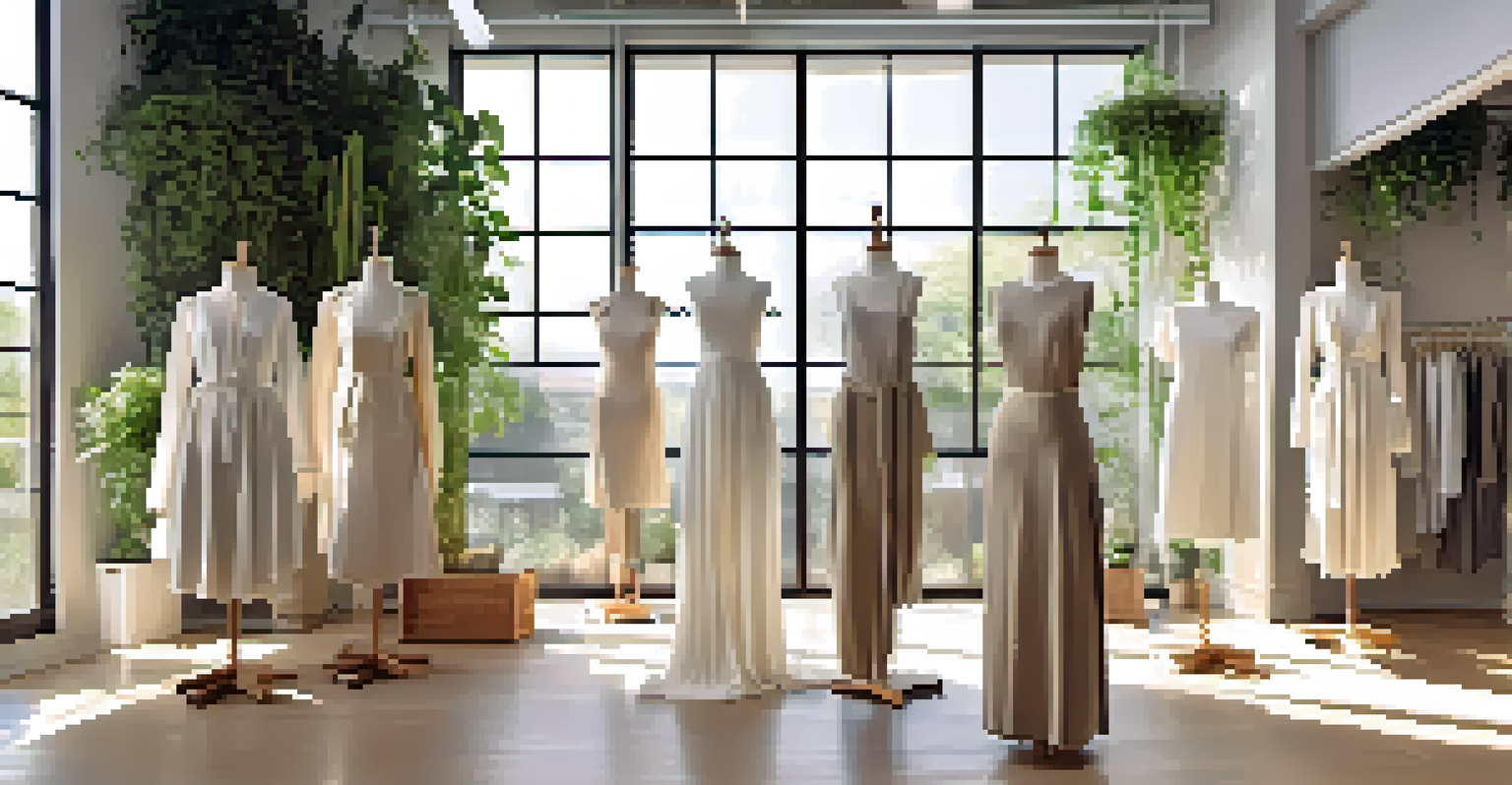 A minimalistic fashion studio with sustainable designs on mannequins and natural light, featuring plants and wooden decor.