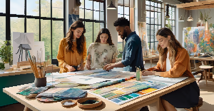 A diverse group of gig workers collaborating on sustainable fashion designs in a bright workspace filled with sketches and eco-friendly fabrics.