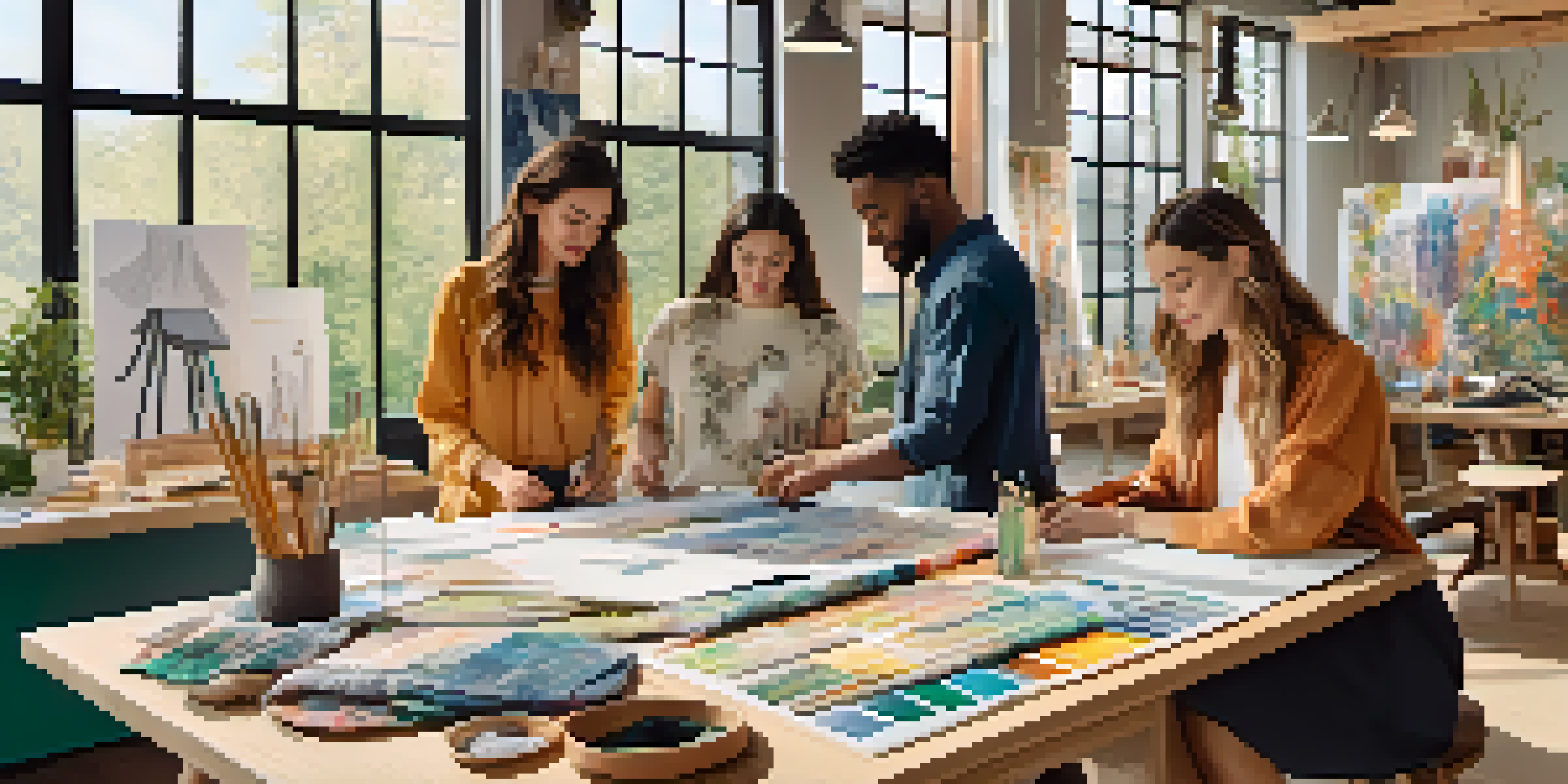 A diverse group of gig workers collaborating on sustainable fashion designs in a bright workspace filled with sketches and eco-friendly fabrics.