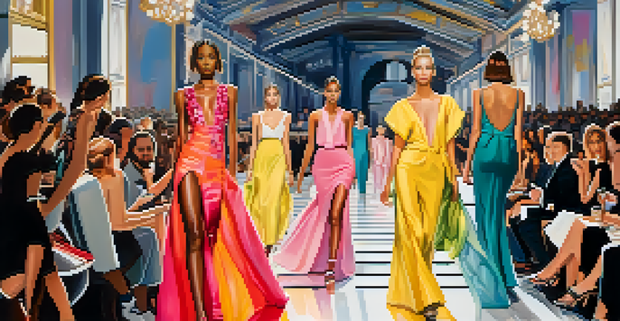 A runway at Paris Fashion Week with models displaying colorful outfits and an engaged audience.
