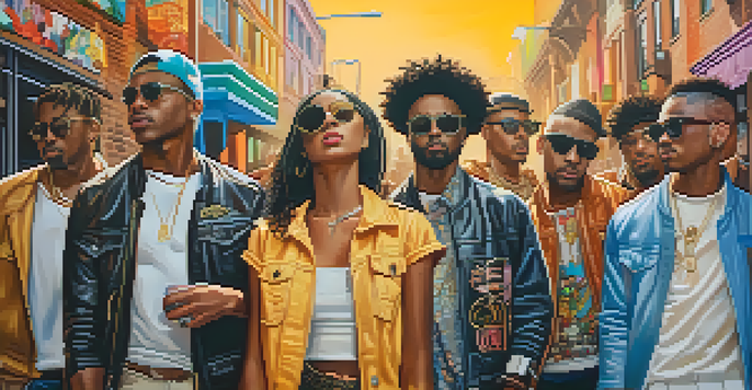 A lively urban street scene with people dressed in diverse fashion styles inspired by various music genres, surrounded by colorful graffiti.