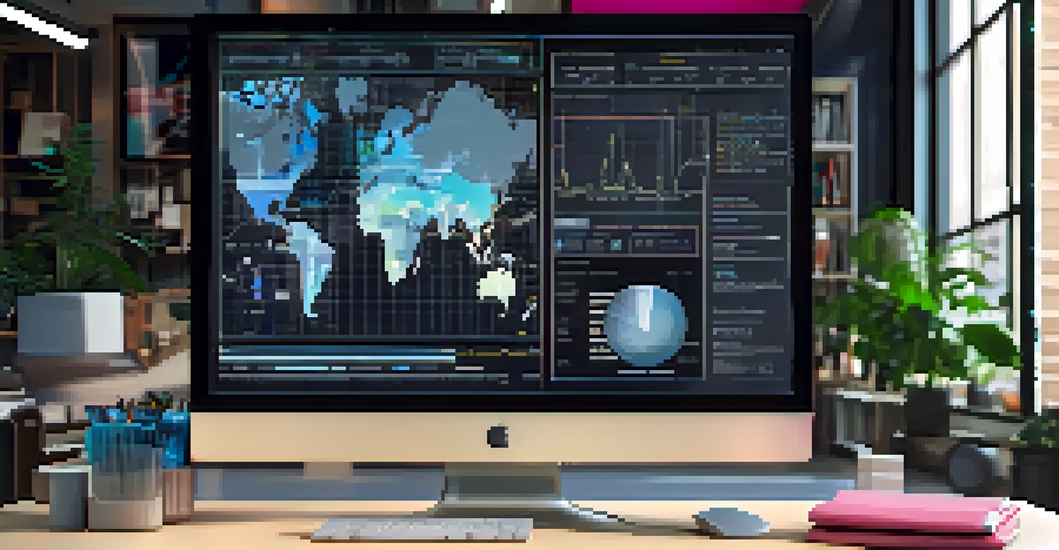 A close-up of a computer screen showing AI algorithms with colorful charts and graphs in a modern office setting.