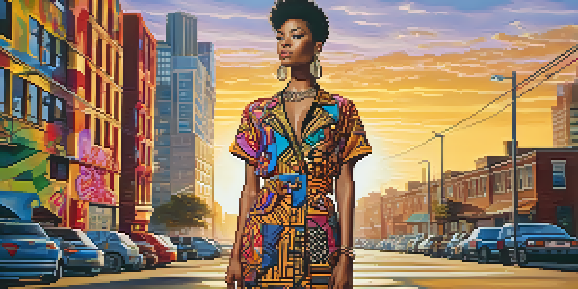 A confident person wearing a colorful outfit in an urban setting with a sunset background and graffiti art.