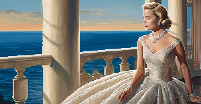 A portrait of Grace Kelly in a 1950s gown on a balcony with a sunset view over the Mediterranean Sea.