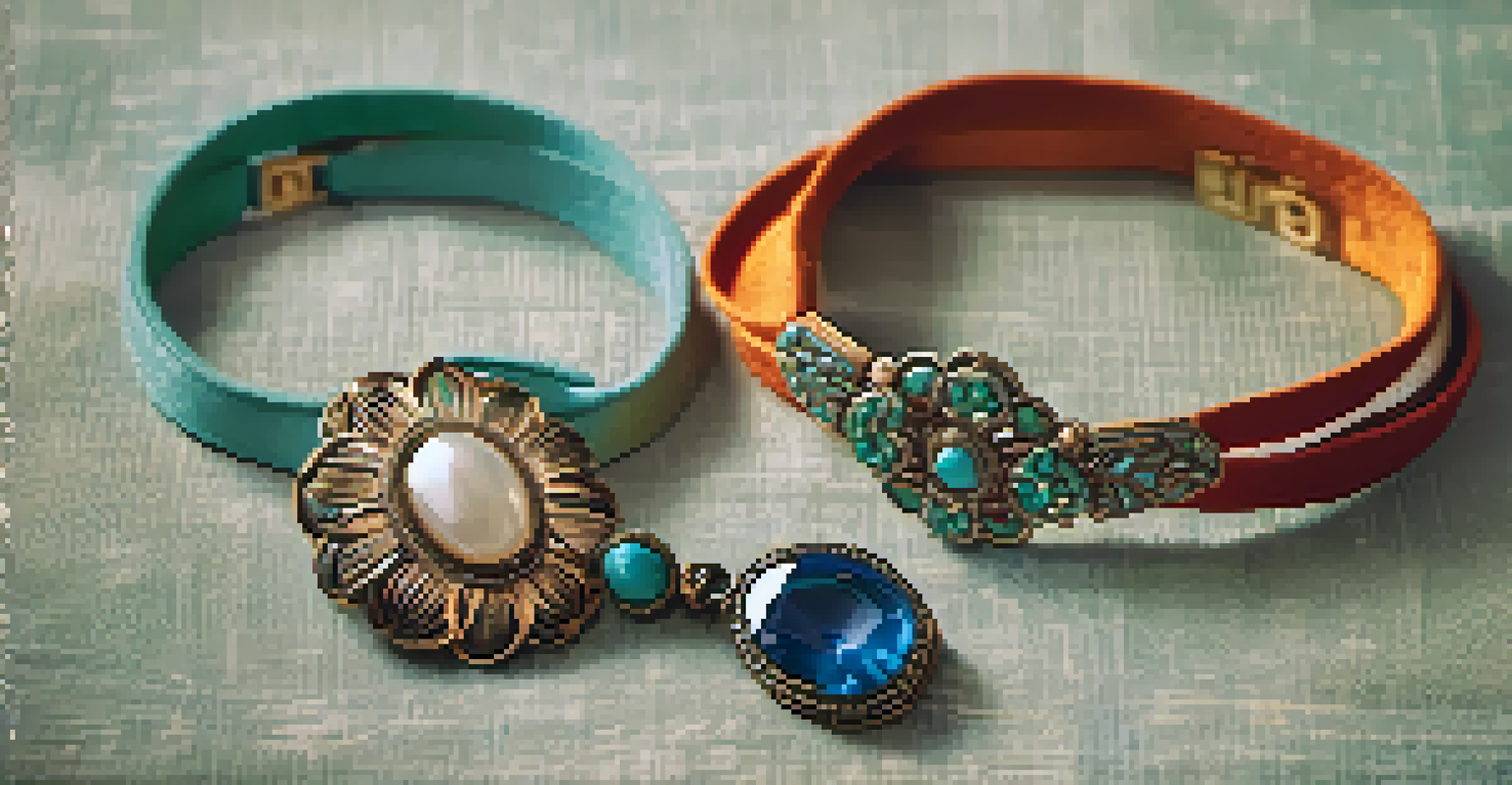 A close-up view of a vintage brooch and a handmade bracelet on a textured fabric, showcasing their unique designs.