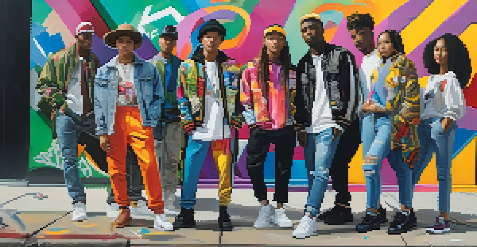 A street style photoshoot with young adults in modern outfits that blend traditional and contemporary fashion elements against a graffiti background.